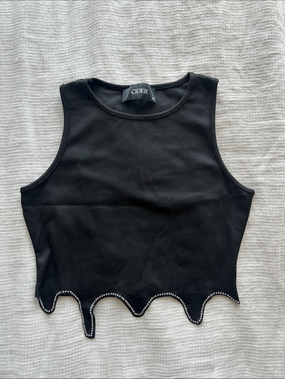 Cider Black Ribbed Crop Tank with Scalloped Rhinestone Hem